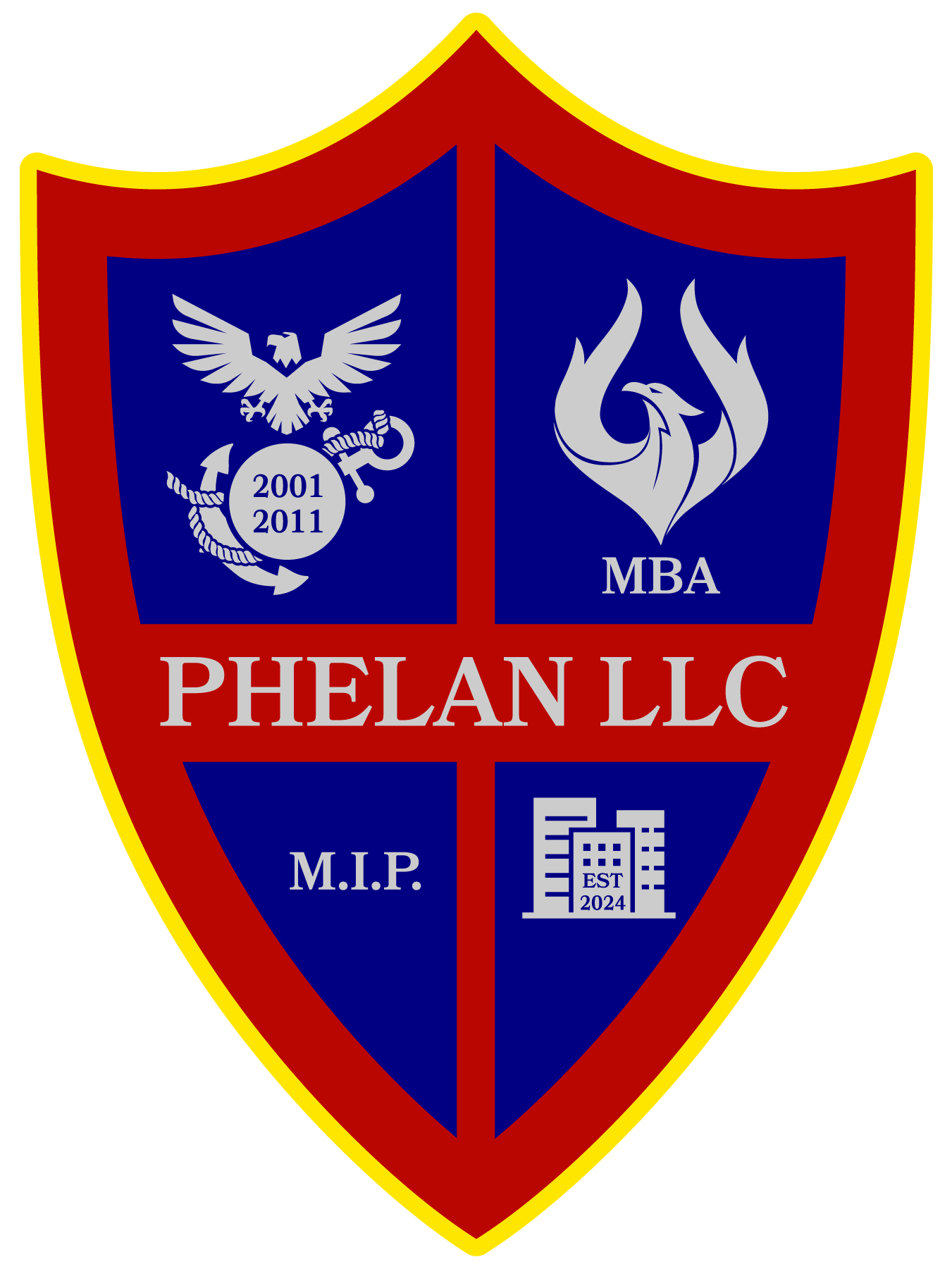 A red and blue shield with the words phelan llc on it.